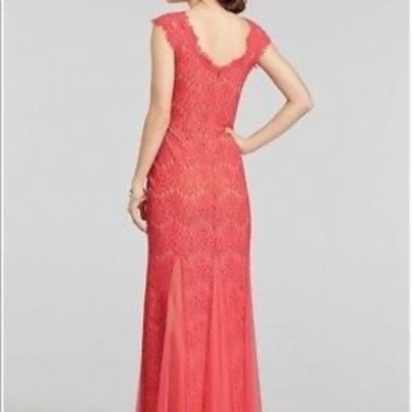 Betsy & Adam Coral/Nude Lace Gown - Picture 2 of 7